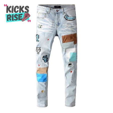 Amiri Bear Patch Rip Jeans Light Blue